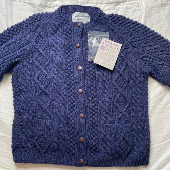 NWT Purple Heather Handknit Blue Fisherman Cable Knit Irish Wool Cardigan Sz 44 - Picture 2 of 6